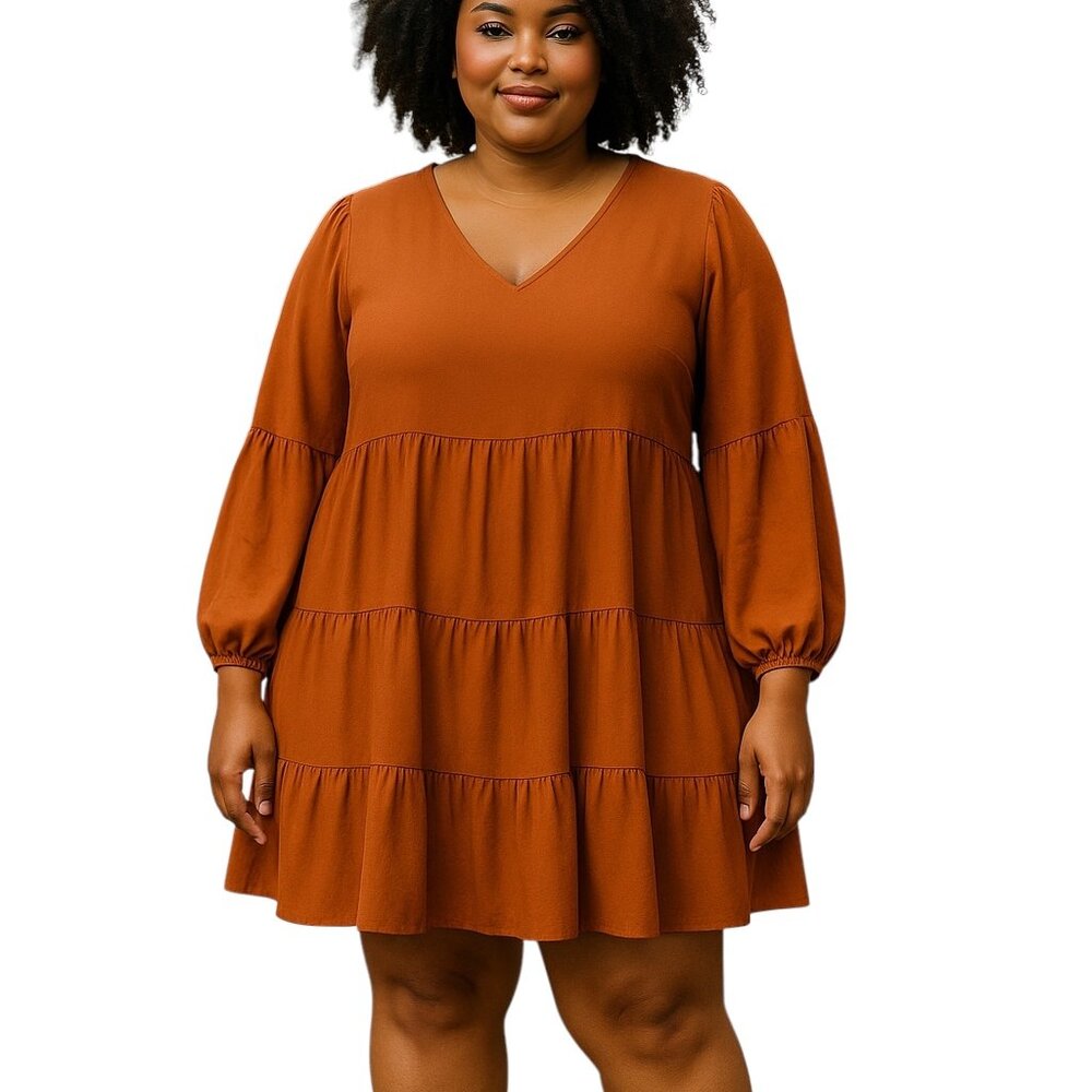 Women's Burnt Orange Dress-Size S-layered tier skirt-long sleeves-V neck